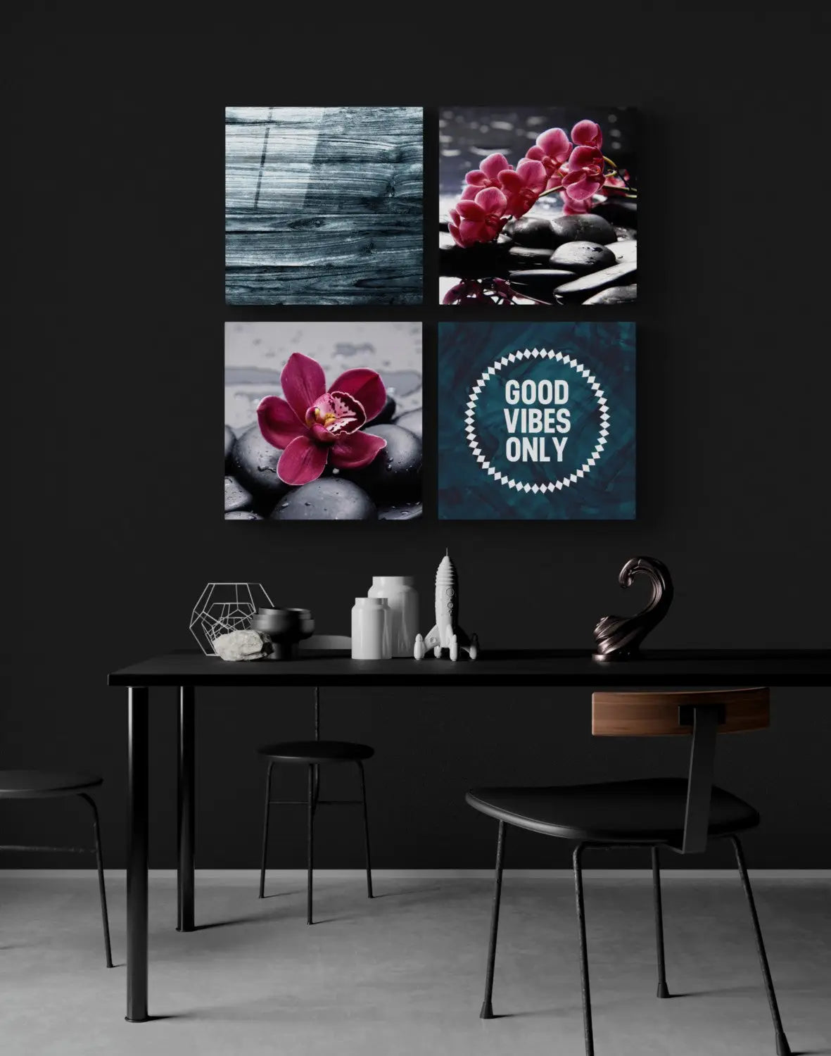 Black minimalist dining table with glass wall art set