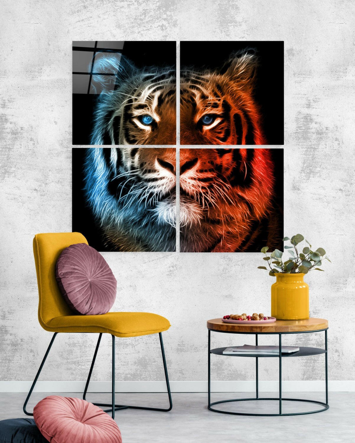 Tiger Quadro Glass Wall Art displayed above a yellow chair, showing four-panel split design with blue and orange lighting on tiger's face.