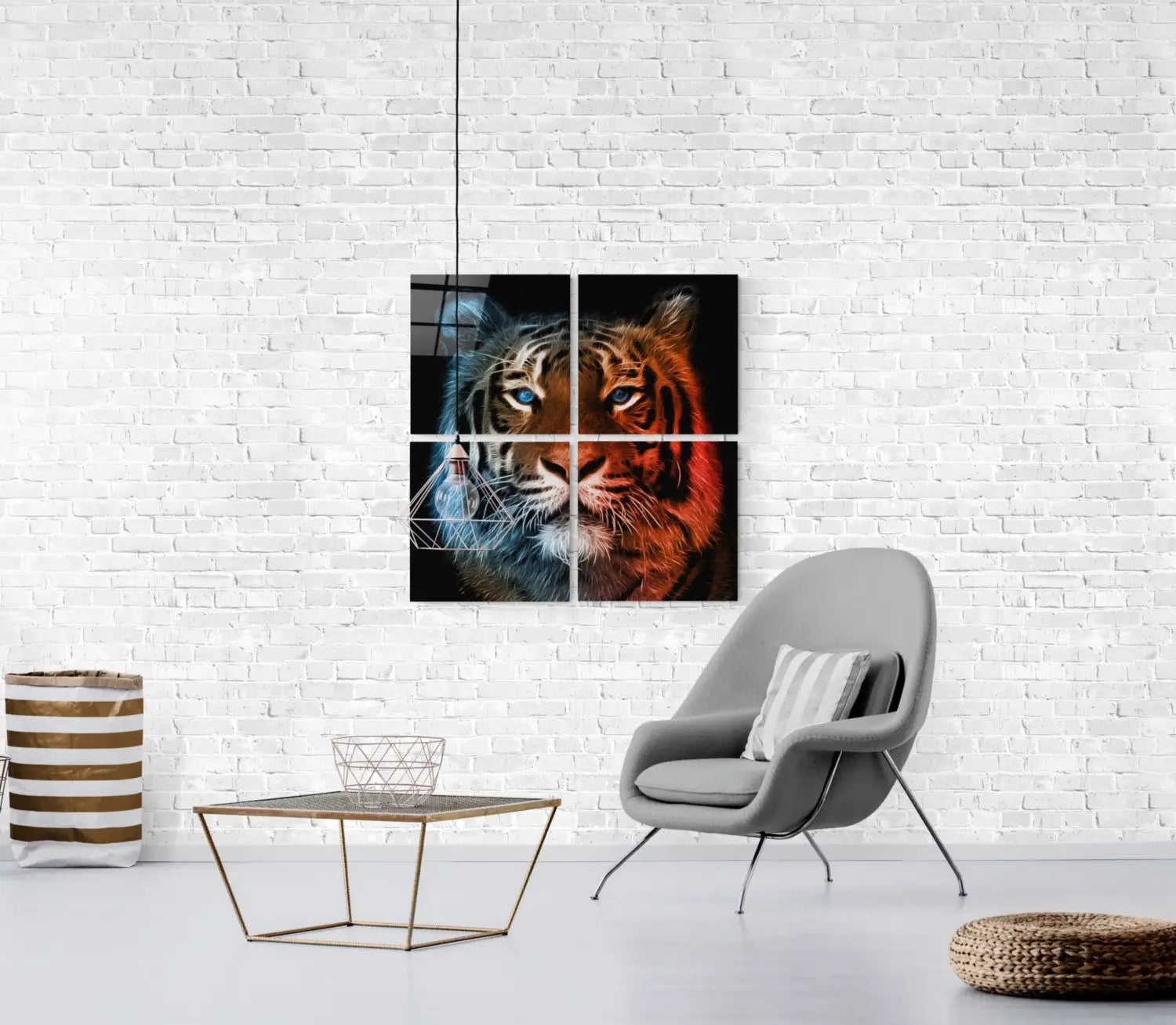 Fiery Tiger glass wall art in bold blue and orange tones