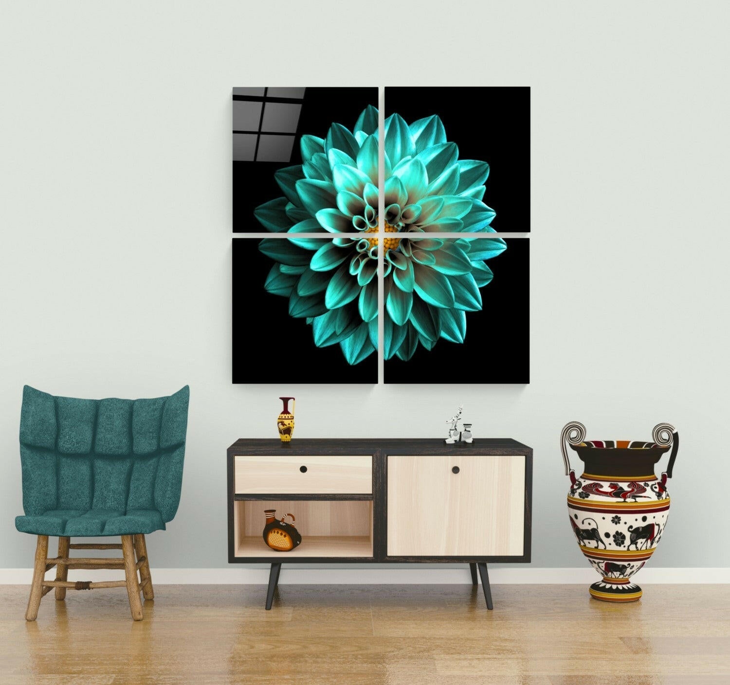 Four-panel turquoise chrysanthemum glass art displayed on white wall above mid-century console table with teal chair and decorative urn beside it.