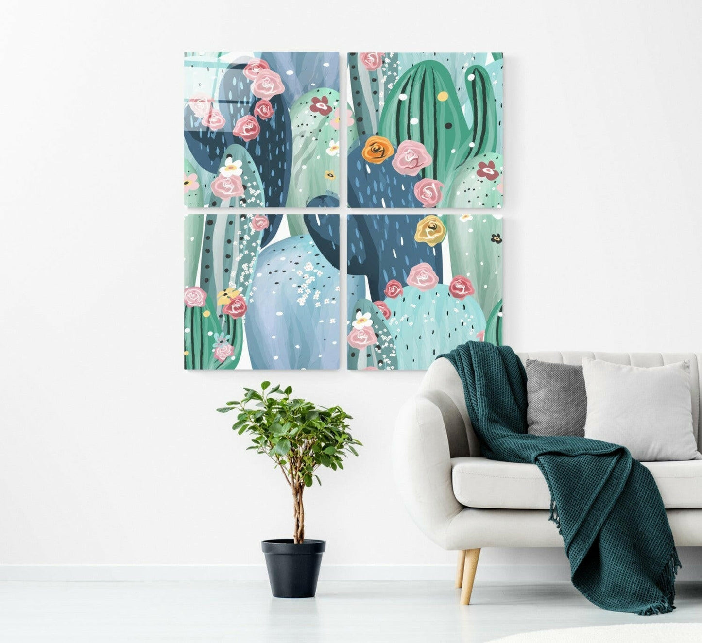 Cacti and floral glass wall art in six panels displayed above white sofa with potted plant and teal blanket.