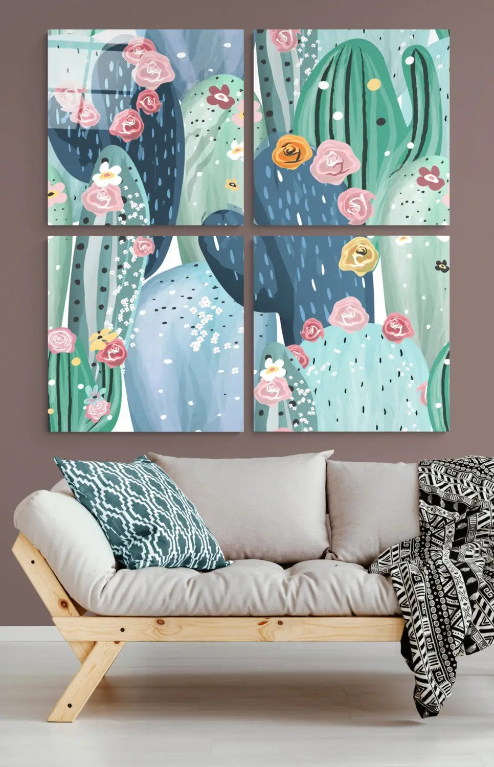 Vibrant glass wall art set of four cactus panels with pastel blooms on teal.