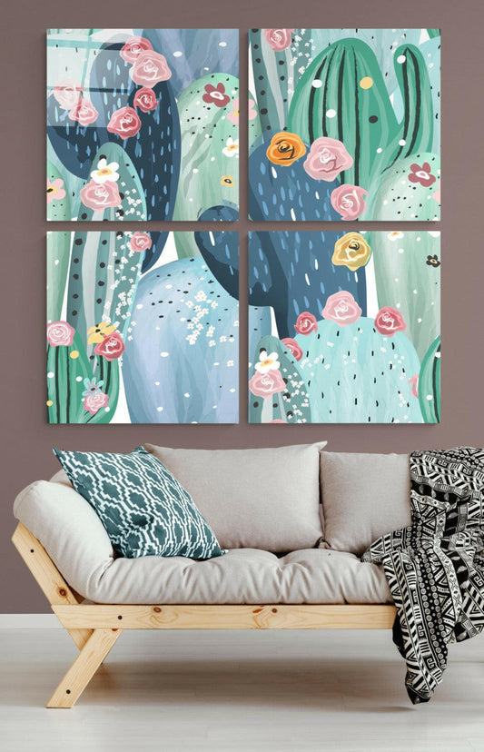 Four-panel glass wall art displaying illustrated cacti and flowers in blues, greens, and pinks, hung above a wooden-framed cream sofa.
