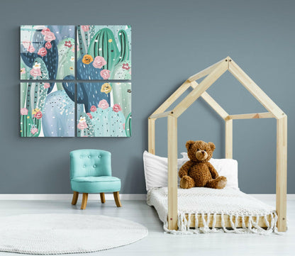 Four-panel cacti and floral glass wall art in greens, pinks, and blues displayed above a turquoise chair in a child's bedroom.