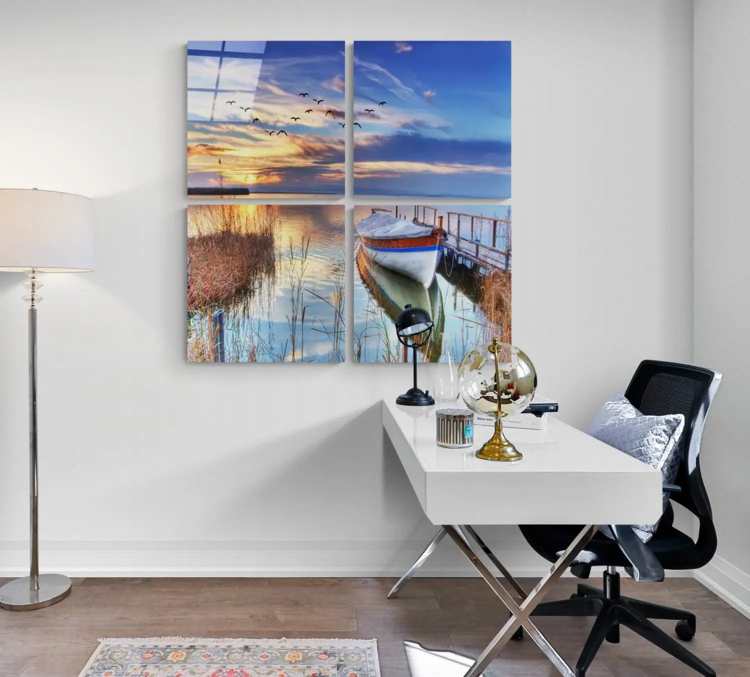 Serene sunset lake glass wall art with boats and birds in four panels