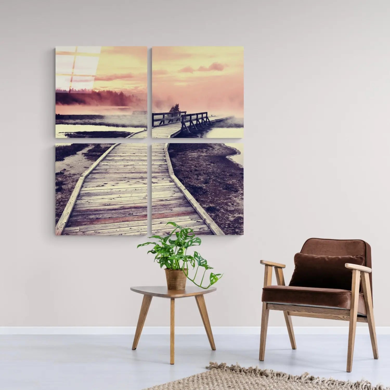 Misty pastel boardwalk glass wall art on four-panel canvas print