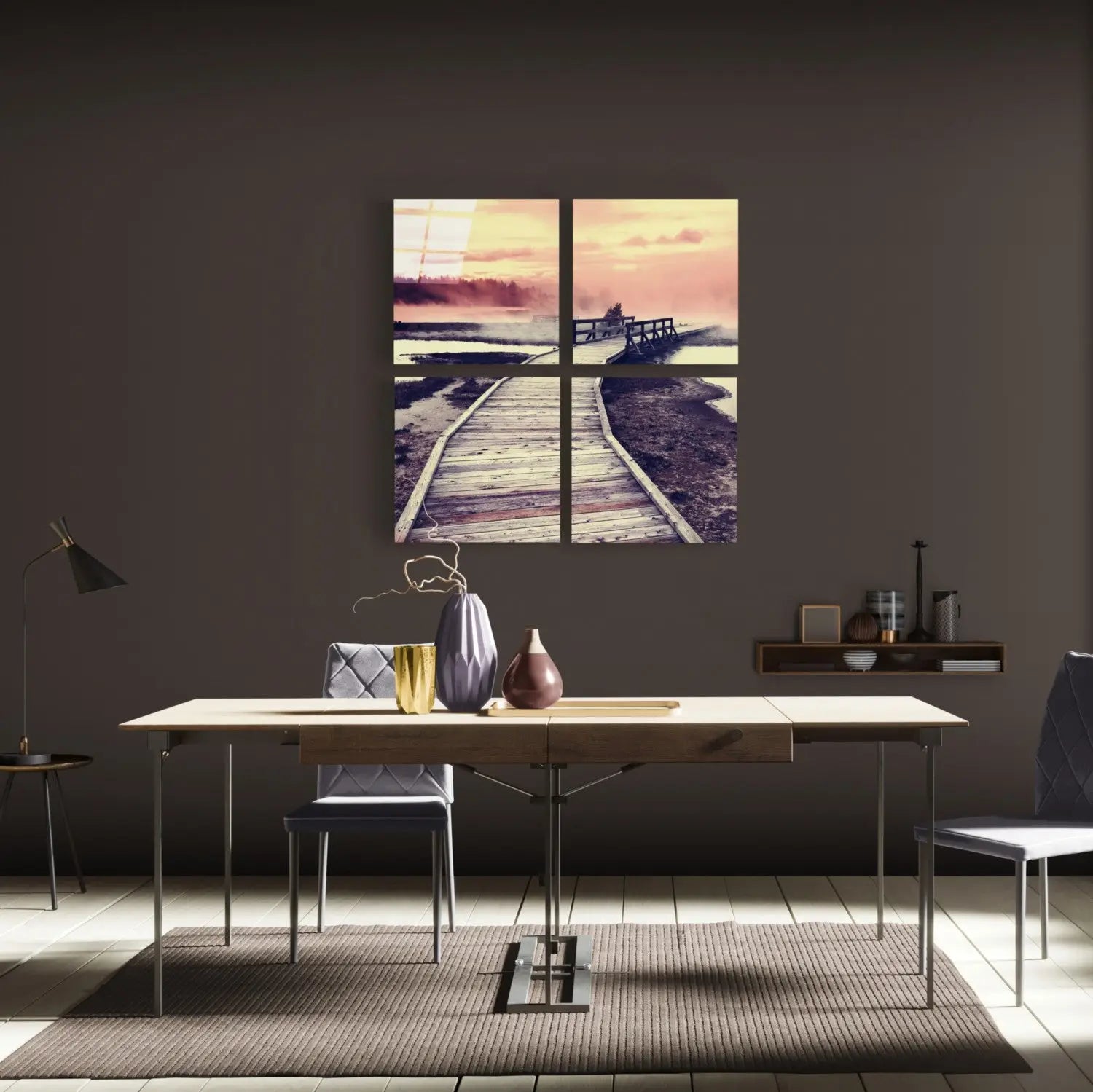 Misty sunset boardwalk glass wall art four-panel canvas print