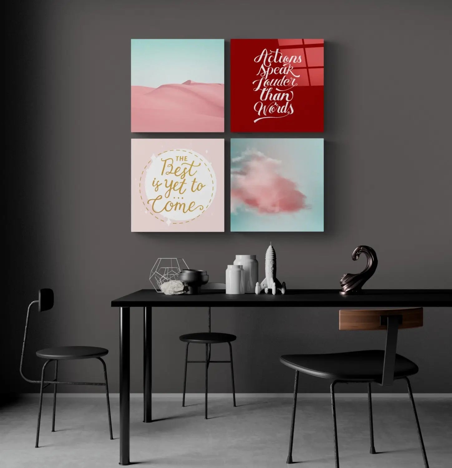 White ceramic rocket in modern desert glass wall art set