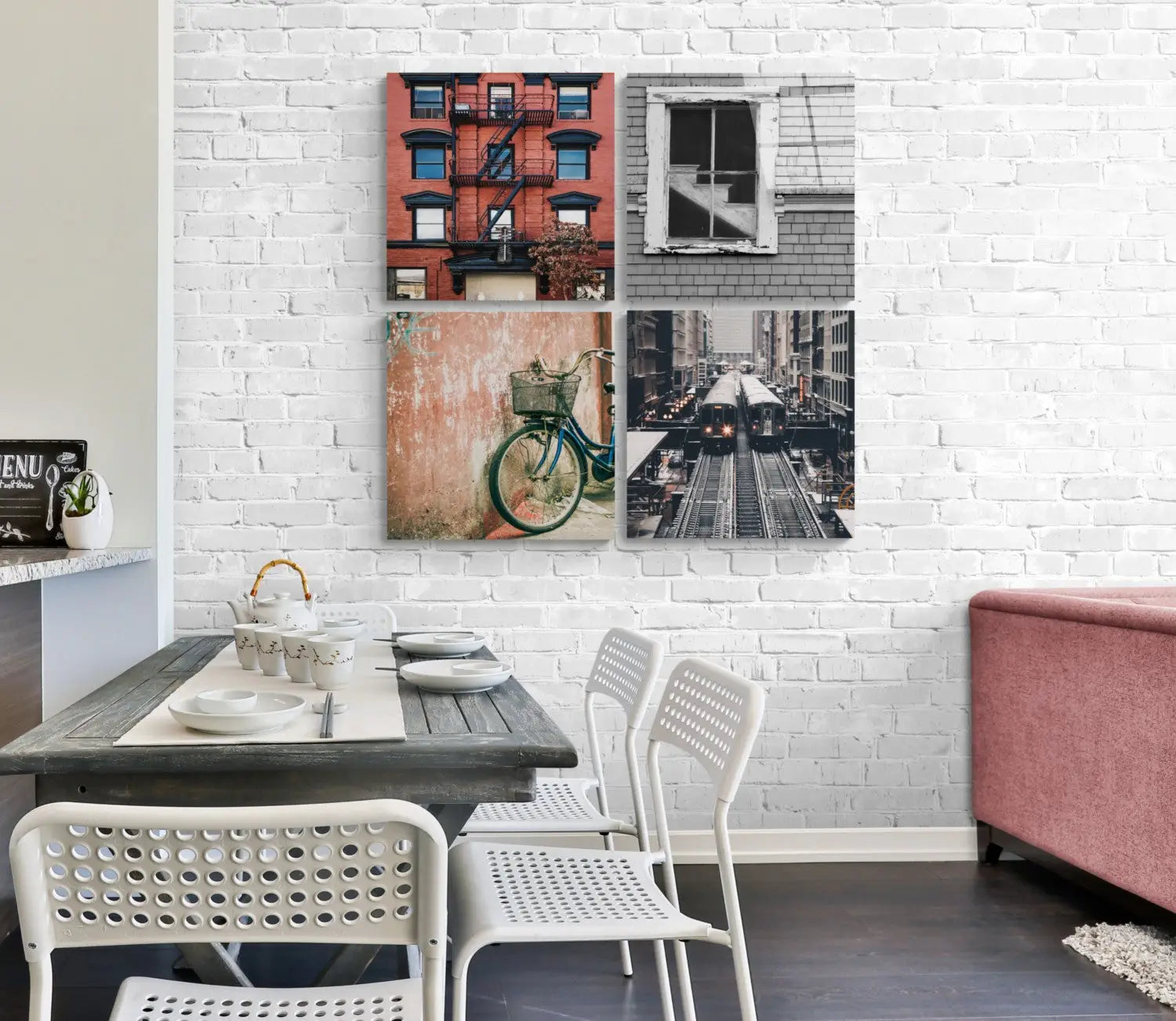 Urban scenes glass wall art set: 4 framed cityscape prints