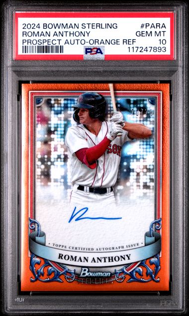 PSA-graded trading card in protective case displaying Roman Anthony autographed baseball card with orange refractor design and authentication label.