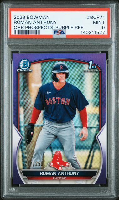 PSA-graded 2023 Bowman Chrome Prospects Purple Refractor card showing Roman Anthony in Boston Red Sox uniform, card number BCP71, displayed in protective case.