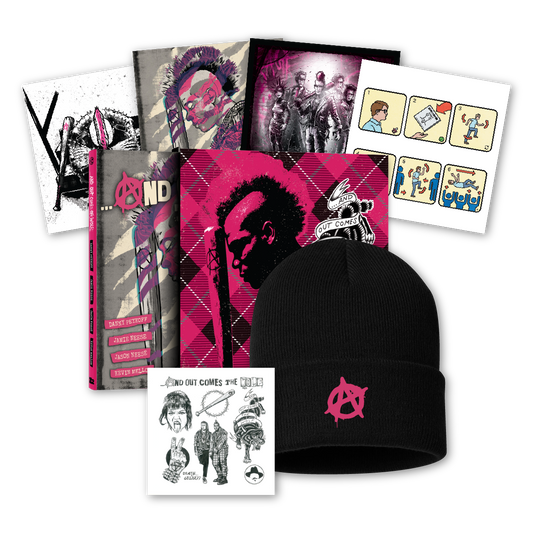 Deluxe edition collection display showing graphic novel hardcover with pink and black cover art, black beanie with pink anarchist symbol, sticker sheet with character illustrations, and additional printed materials fanned in background.