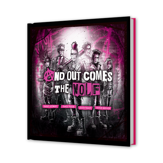 Front cover of graphic novel showing six illustrated punk-styled figures in black and white against pink and magenta neon lighting, with bold white and pink text reading "...AND OUT COMES THE HOLE" and cast names in pink bands below.