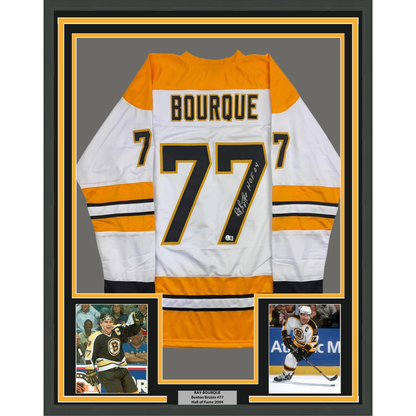 Framed Autographed/Signed Ray Bourque 35x39 Boston White Hockey Jersey JSA COA