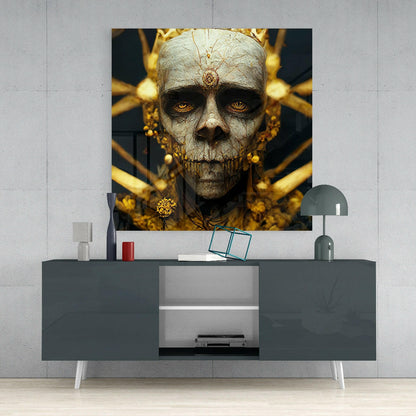 Skeletal face with golden ornaments and jewelry displayed above a dark gray media console in a modern interior setting.