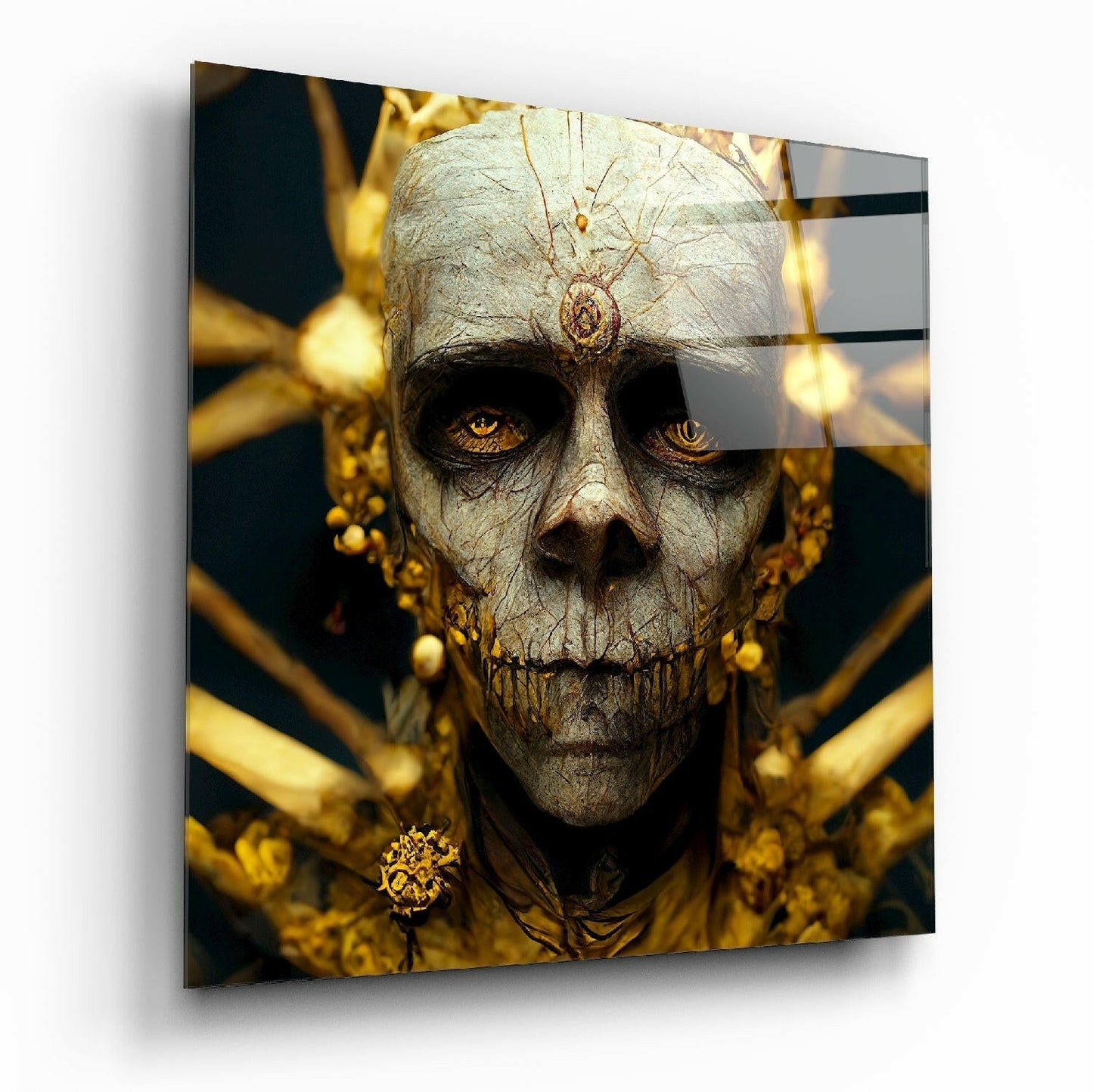 Skeletal skull with intricate carved details and golden ornamental jewelry against dark background on glass wall art panel.