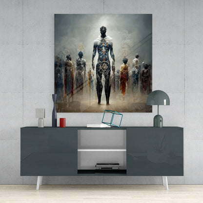 Genesis Glass Wall Art displayed above a dark gray media console, showing ethereal figures with gold and blue accents against a misty background.