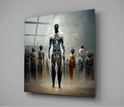 Angled view of Genesis Glass Wall Art showing a central figure in ornate blue and gold garments surrounded by ethereal figures in muted tones against a cloudy background.
