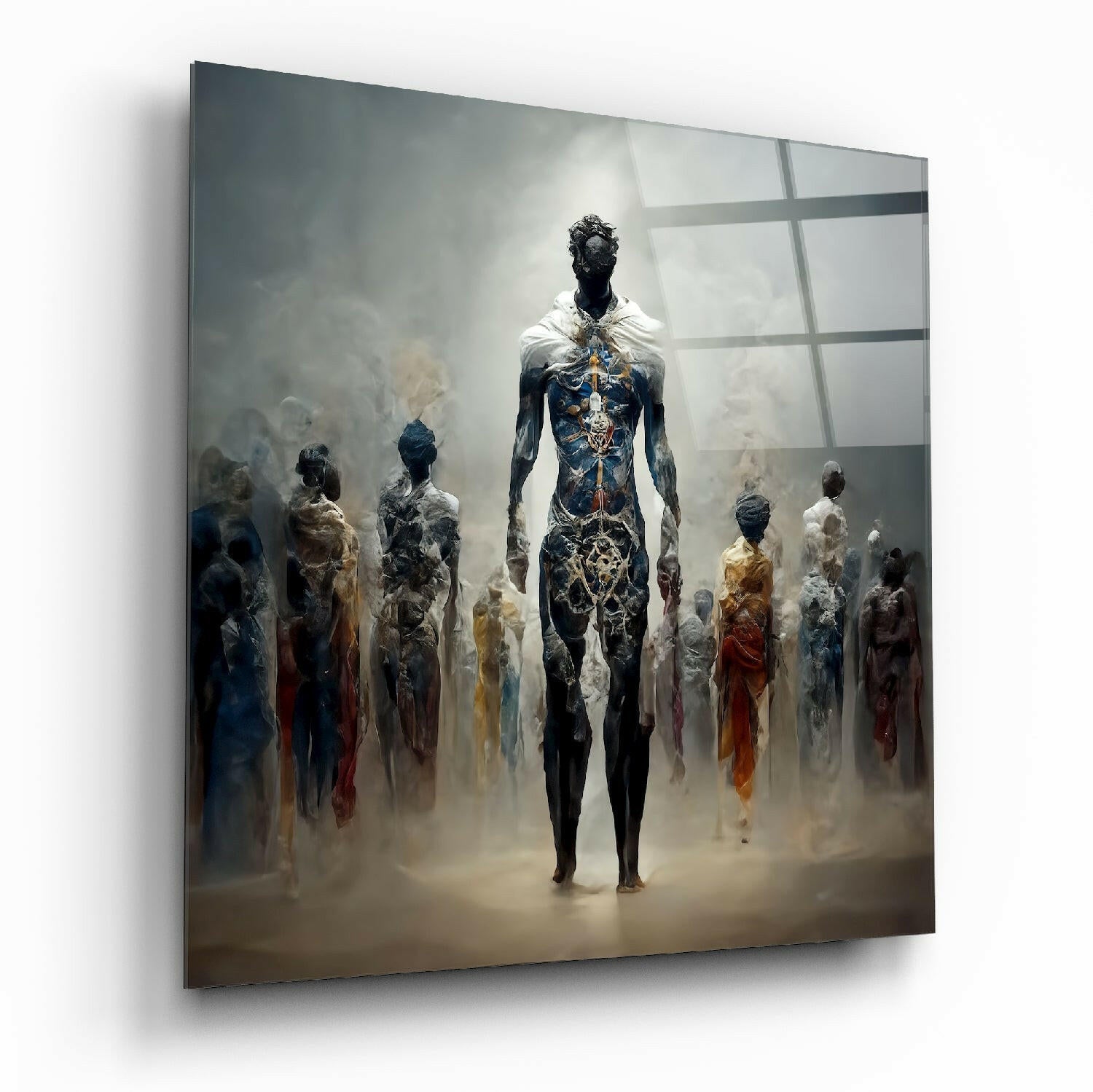 A glass wall art panel displaying a central figure in ornate blue and gold armor surrounded by ethereal, robed figures in muted tones, viewed at an angle showing its dimensional depth.