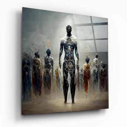 A glass wall art panel displaying a central figure in ornate blue and gold armor surrounded by ethereal, robed figures in muted tones, viewed at an angle showing its dimensional depth.