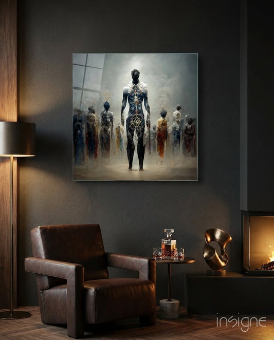 Genesis Glass Wall Art displayed above a leather armchair in a modern interior with fireplace and bronze sculpture.