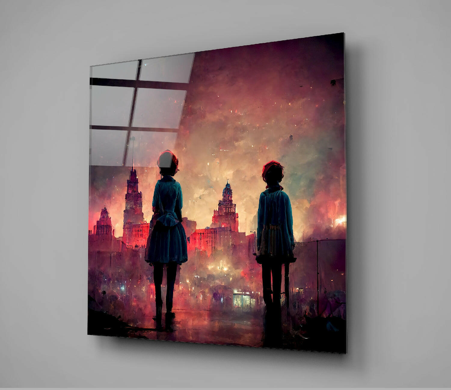 Glass wall art mounted on gray wall showing two silhouetted figures facing a burning cityscape in red and gold tones.