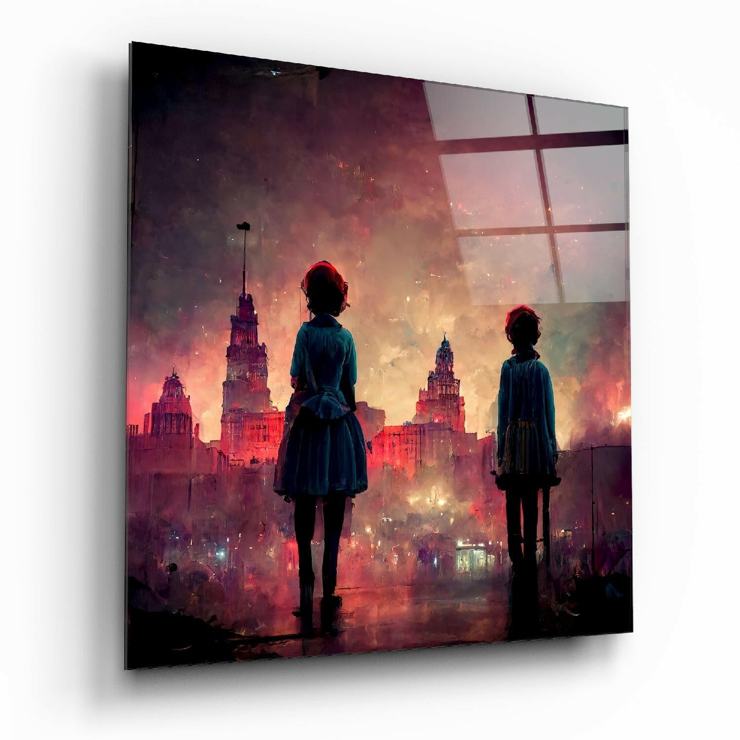 Three silhouetted figures facing a fiery cityscape viewed through a grid-patterned glass panel against white background.