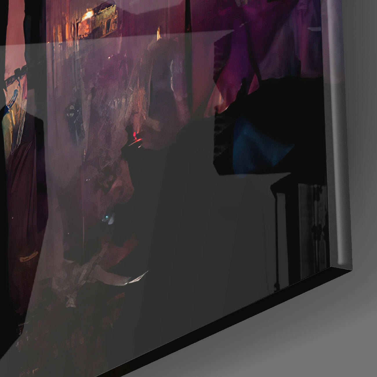 Angled view of translucent glass wall art with warm amber and deep purple tones depicting an abstract cityscape scene.