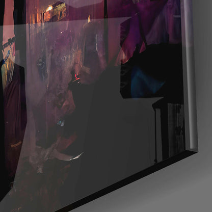 Angled view of translucent glass wall art with warm amber and deep purple tones depicting an abstract cityscape scene.