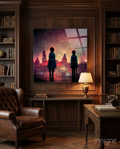 Glass wall art depicting two figures in school uniforms viewing a glowing pink cityscape with illuminated buildings through a window frame.