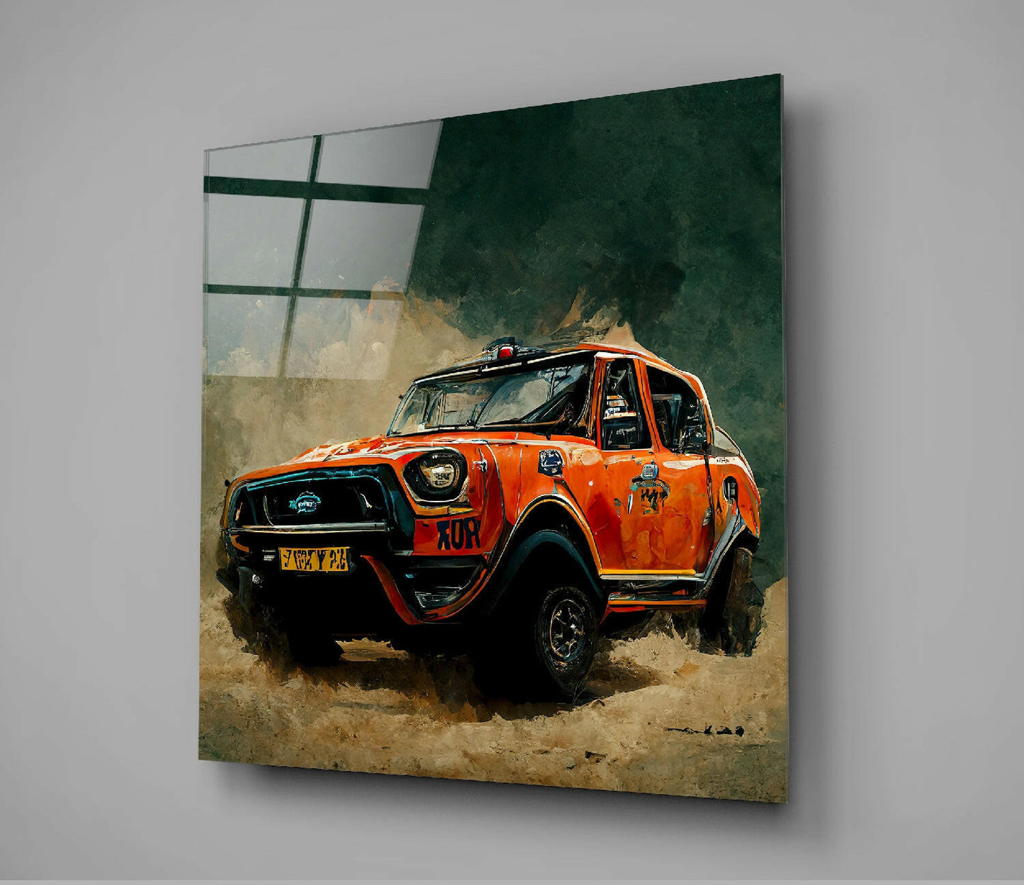 Orange rally truck with yellow license plate mounted on glass panel with green frame against gray wall.