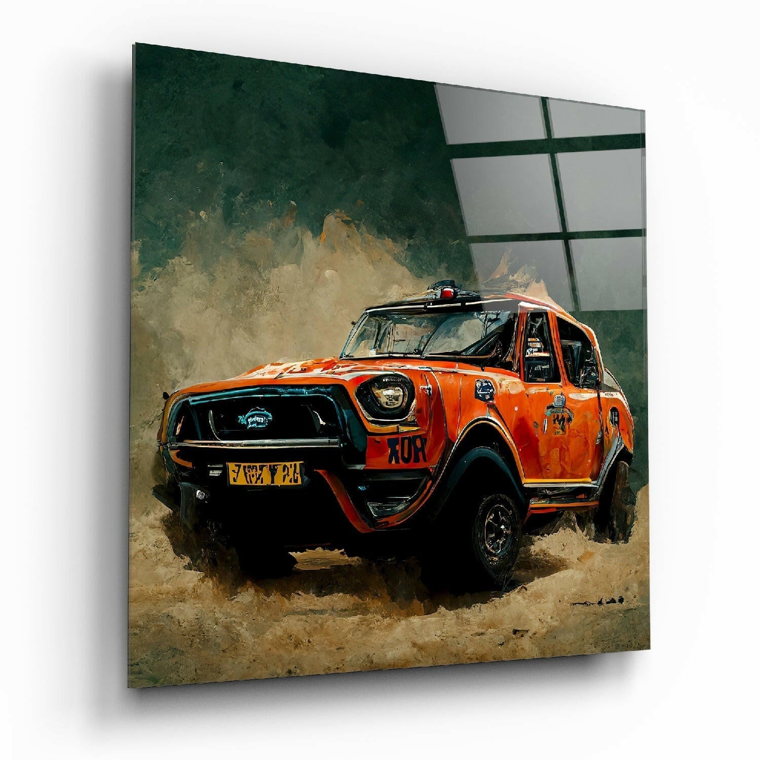 Orange and black rally vehicle with "XOR" markings positioned against textured green and beige abstract background on glass wall art panel.
