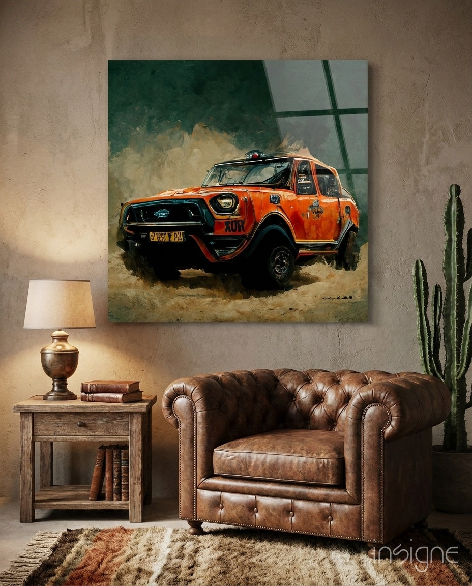 Orange rally truck with dust cloud displayed on canvas wall art above leather armchair in rustic interior setting.