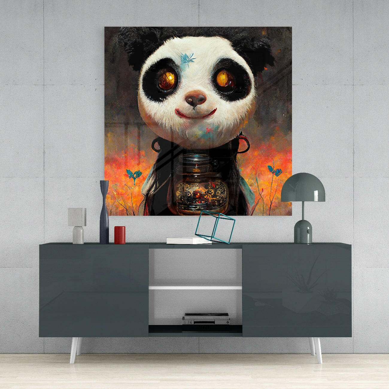 Stylized panda head with glowing golden eyes and black markings displayed above a dark gray media console in a modern living room setting.
