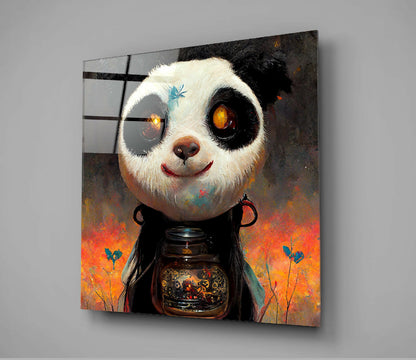 Glass wall art panel displaying a white panda with glowing amber eyes holding a lantern against an orange and brown textured background with blue butterfly details.