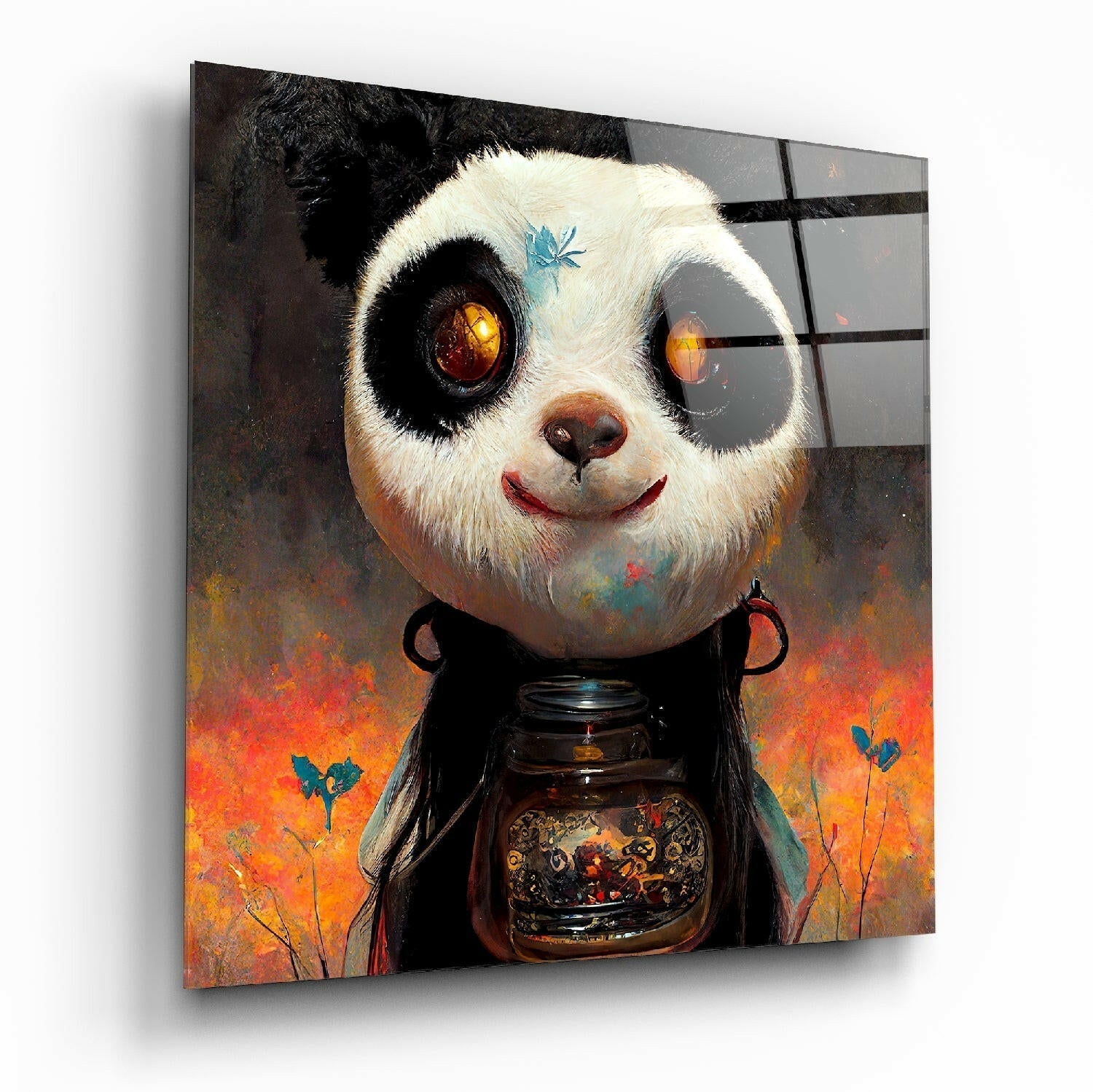 Glass wall art featuring a white panda with glowing amber eyes wearing black robes and holding a decorative jar, set against an orange and warm-toned background.