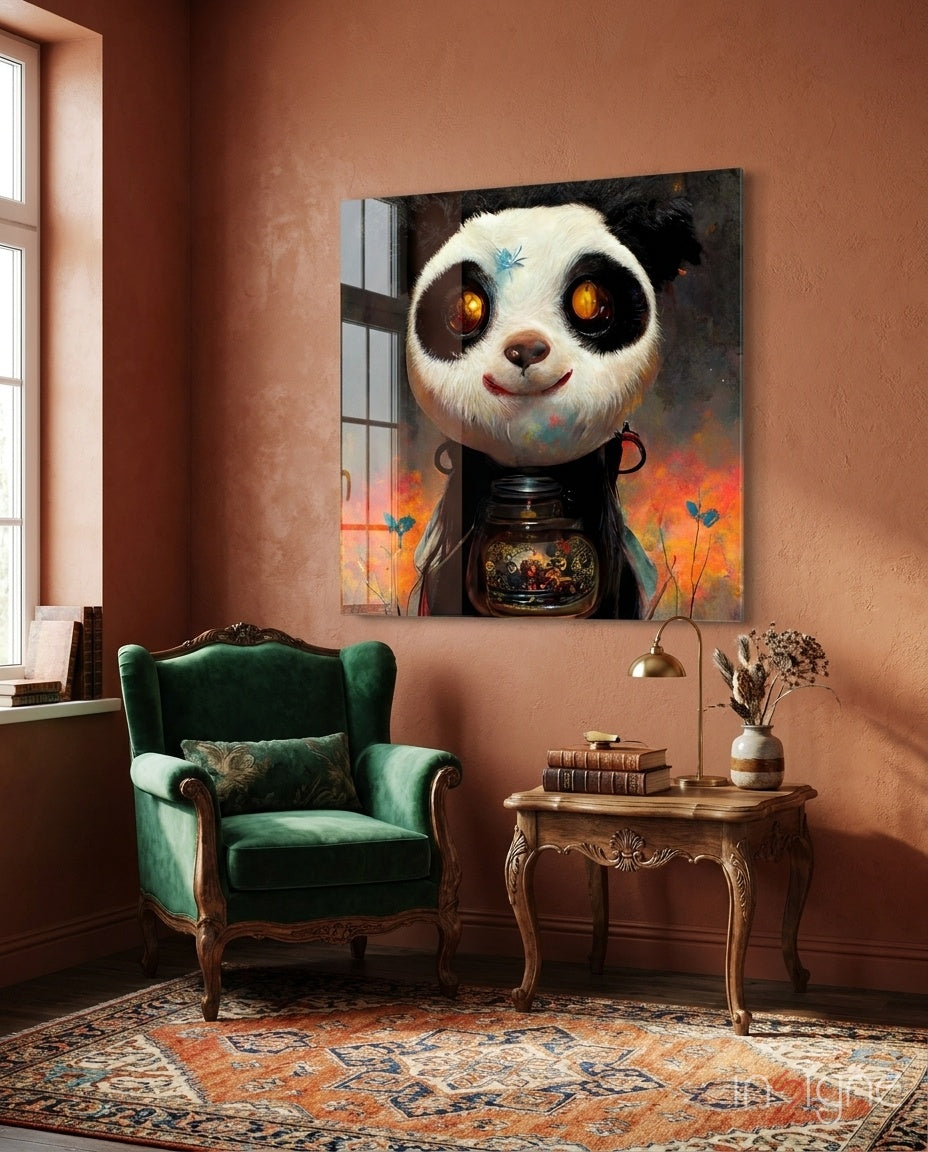 Whimsical panda character with glowing eyes and black robe displayed as large canvas art above green velvet chair in warm terracotta room.