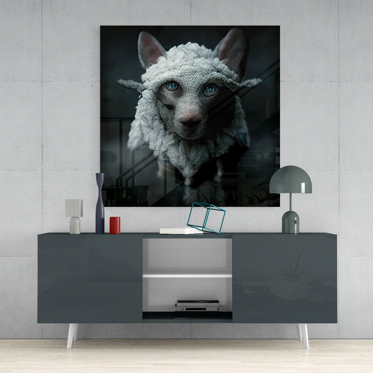Framed glass wall art displaying a white-coated dog with striking blue eyes against a dark background, mounted above a gray media console.