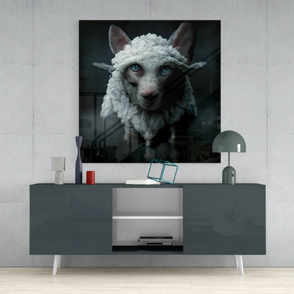 Framed glass wall art displaying a white-coated dog with striking blue eyes against a dark background, mounted above a gray media console.