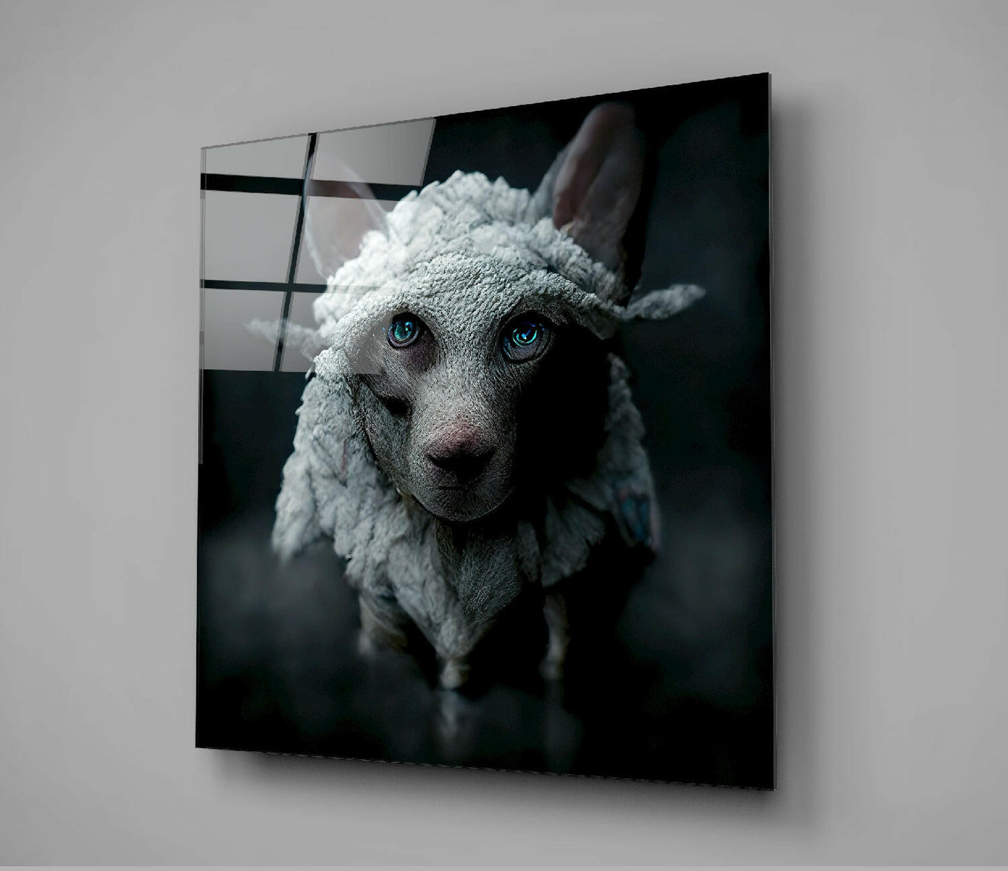 Glass wall art mounted on gray wall showing close-up of dog's face with striking blue eyes wearing white knitted sweater against dark background.