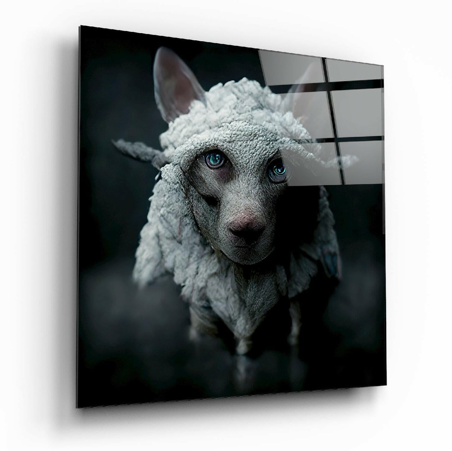 White woolly sheep with striking blue eyes gazes directly at camera against dark background on glass wall art panel.