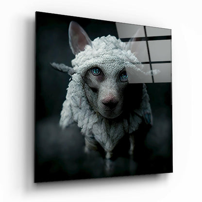 White woolly sheep with striking blue eyes gazes directly at camera against dark background on glass wall art panel.