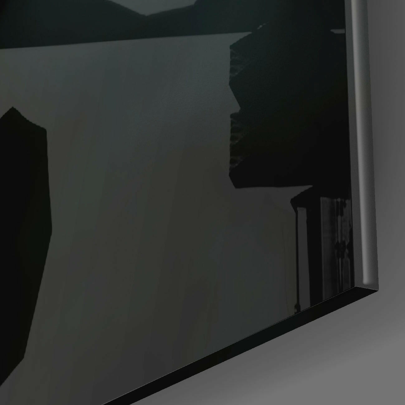 Close-up angled view of black silhouette artwork on translucent glass panel with white frame edge.