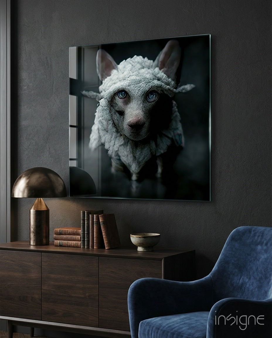 Framed glass wall art displaying a close-up portrait of a dog wearing a white knitted sweater against a dark background, mounted above a dark wooden console table.
