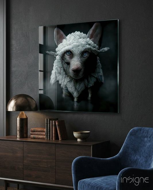 Framed glass wall art displaying a close-up portrait of a dog wearing a white knitted sweater against a dark background, mounted above a dark wooden console table.