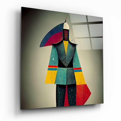 Geometric abstract figure with colorblock design in teal, yellow, red, and black displayed as a glass wall panel against neutral background.