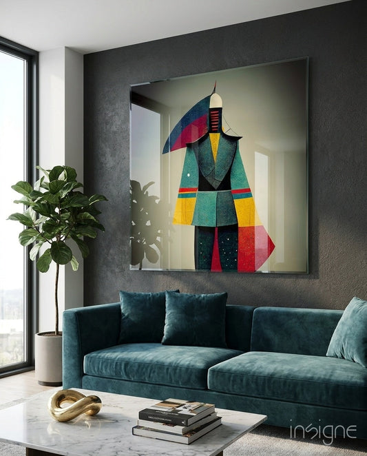 Colorful geometric glass wall art depicting an abstract figure in multicolored segments displayed above a teal sofa in a modern living room.
