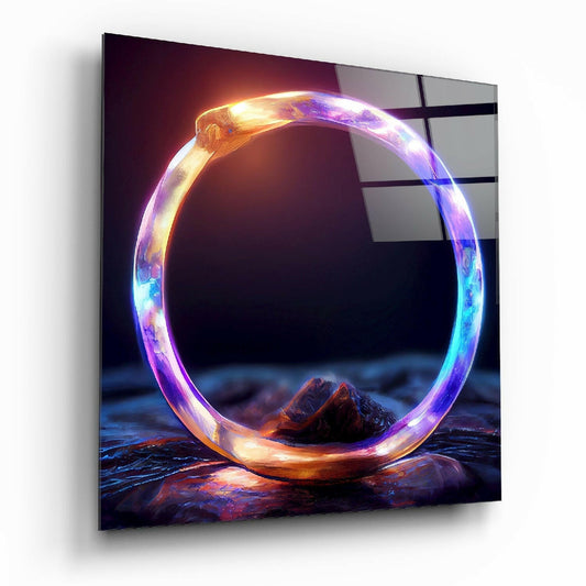 Glowing neon ring with gold, purple, and blue light gradient standing upright on rocky terrain against dark background.