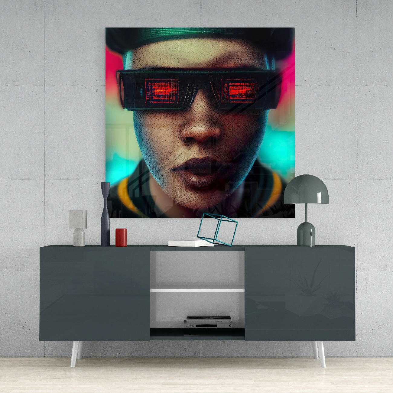 Digital portrait of person wearing LED-display sunglasses with neon-colored background mounted above modern console table.