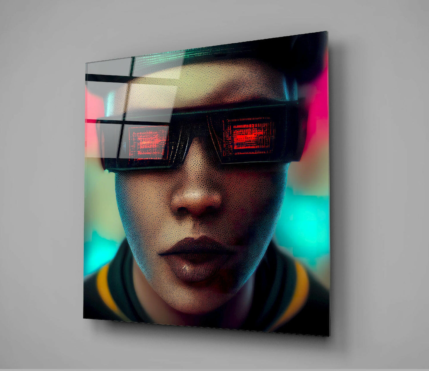 Person wearing oversized black VR glasses with red digital code displays, mounted on vibrant gradient glass panel with cyan, magenta, and yellow bokeh background.